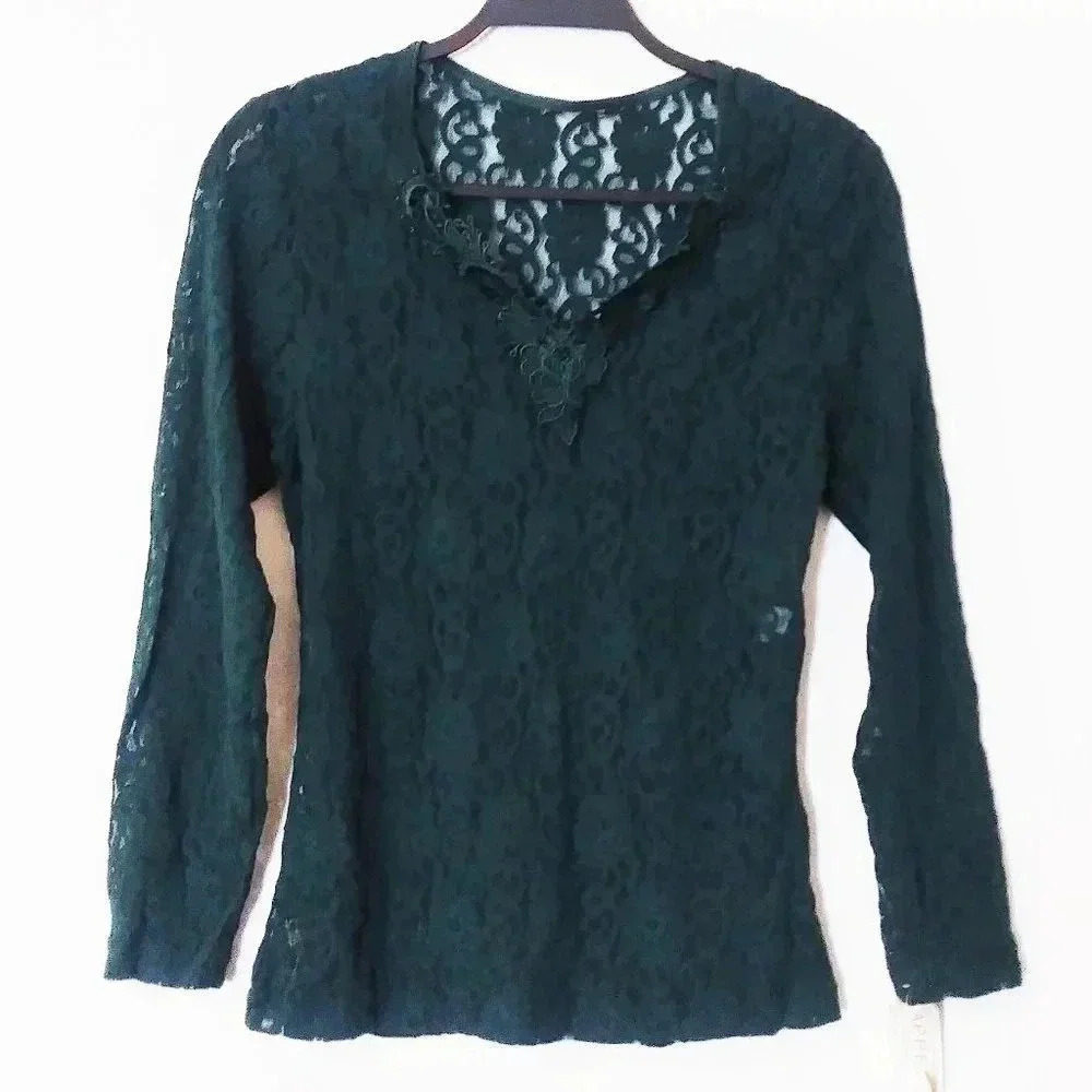 Appel Daywear Women Hunter Green Floral Lace Long Sleeve V-Neck Applique Top NWT
